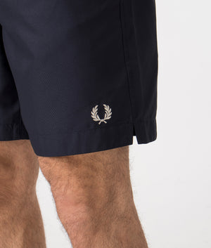Fred Perry Classic Swim Shorts in Navy Detail Shot at EQVVS