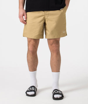 Fred Perry Classic Swim Shorts in Warm Stone Beige Front Shot at EQVVS