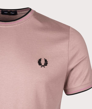 Twin Tipped T-Shirt in Dark Pink/Black by Fred Perry. EQVVS Detail Shot.
