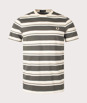 Fred Perry Stripe T-Shirt in Field Green, Snow White and Oatmeal Beige Front Shot at EQVVS