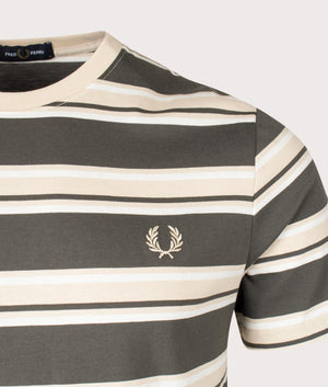 Fred Perry Stripe T-Shirt in Field Green, Snow White and Oatmeal Beige Detail Shot at EQVVS