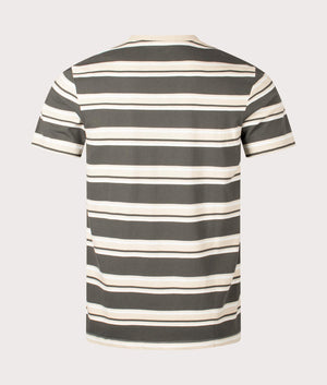 Fred Perry Stripe T-Shirt in Field Green, Snow White and Oatmeal Beige Back Shot at EQVVS