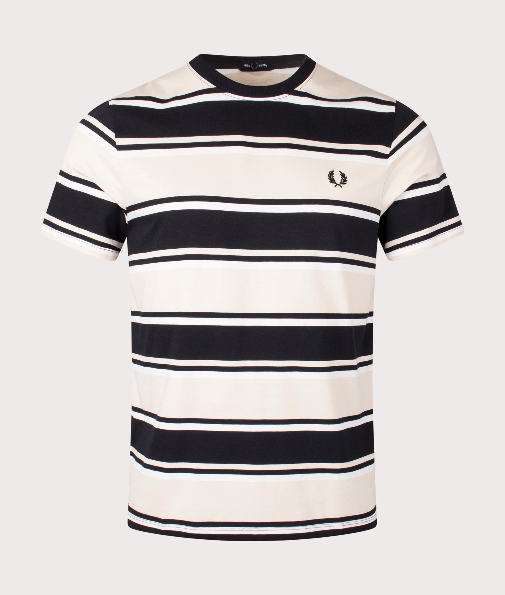 Bold Stripe T-Shirt in Oatmeal/Black by Fred Perry. EQVVS Front Angle Shot.
