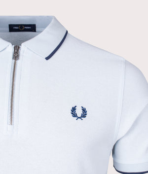 Fred Perry Crepe Pique Zip Neck Polo Shirt Light Ice Detail  Shot EQVVS