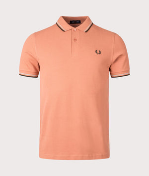 Twin Tipped Polo Shirt in Light Rust/Warm Grey/Night Green by Fred Perry. EQVVS Front Front Shot.