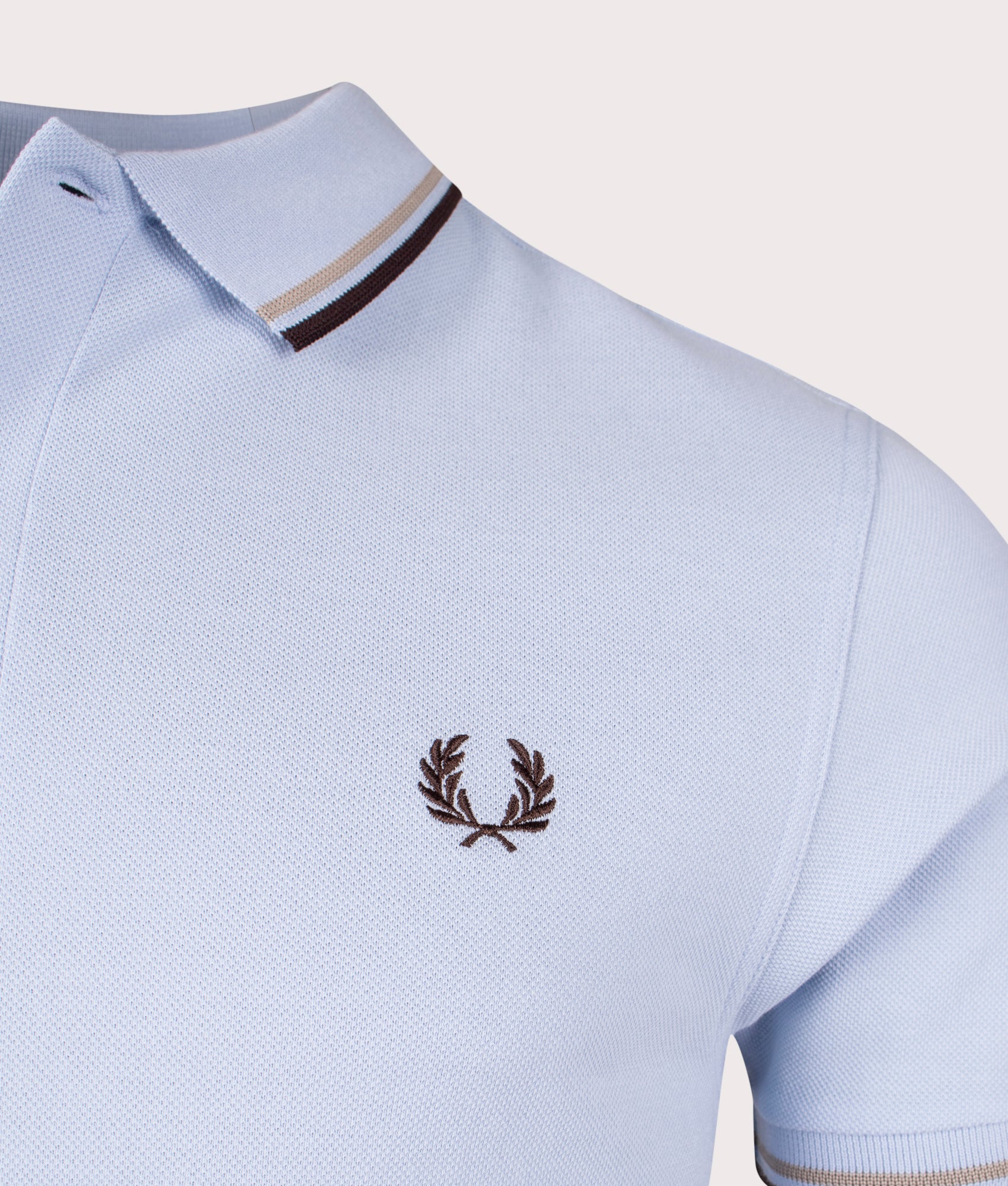 Twin Tipped Polo Shirt in Light Smoke by Fred Perry. EQVVS Detail Shot.