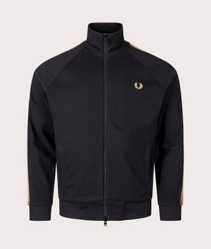 Crochet Taped Track Jacket in Black by Fred Perry. EQVVS Front Angle Shot.