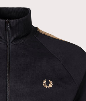 Crochet Taped Track Jacket in Black by Fred Perry. EQVVS Detail Shot.