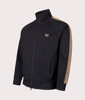 Crochet Taped Track Jacket in Black by Fred Perry. EQVVS Side Angle Shot.