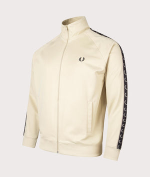 Fred Perry Contrast Tape Track Top in Oatmeal and Warm Grey Angle Shot EQVVS