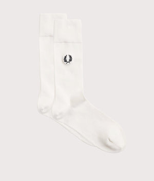 Fred Perry Classic Laurel Wreath Socks in Snow White/Black. Flat shot at EQVVS.