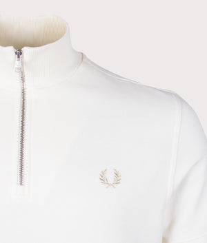 Fred Perry Slub Jersey Short Sleeve Zip Neck Polo Shirt Ecru Detail Shot EQVVS