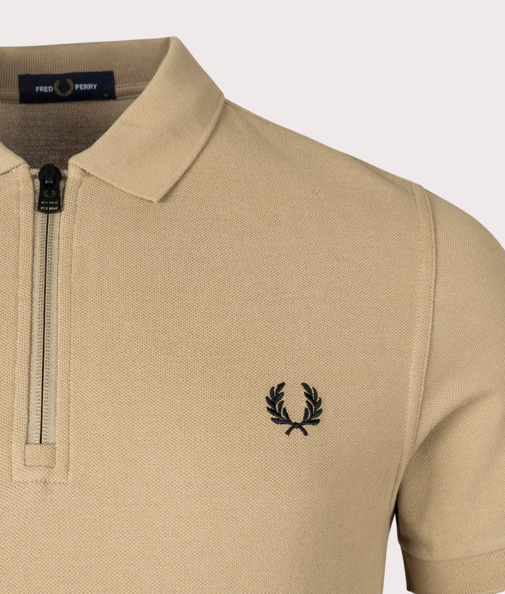 Fred Perry Zip Neck Polo Shirt Warm Stone Detail Shot EQVVS