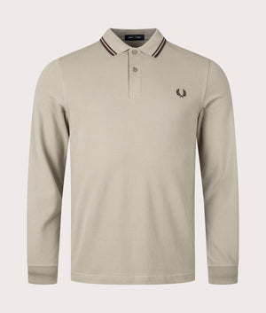 Fred Perry Long Sleeve Twin Tipped Polo Shirt in Warm Grey and Carrington Brick Road Front Shot EQVVS