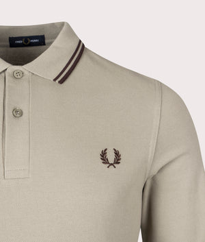 Fred Perry Long Sleeve Twin Tipped Polo Shirt in Warm Grey and Carrington Brick Road Detail Shot EQVVS