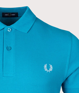 Plain M6000 Polo Shirt in Cyber Blue/Light Ice by Fred Perry. EQVVS Detail Shot.