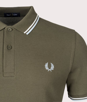 Twin Tipped Fred Perry Shirt in Uniform Green by Fred Perry. EQVVS Detail Shot.
