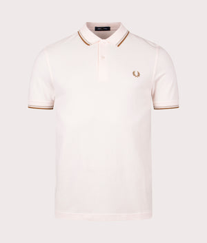 Twin Tipped Fred Perry Shirt in Silk Peach by Fred Perry. EQVVS Front Angle Shot.
