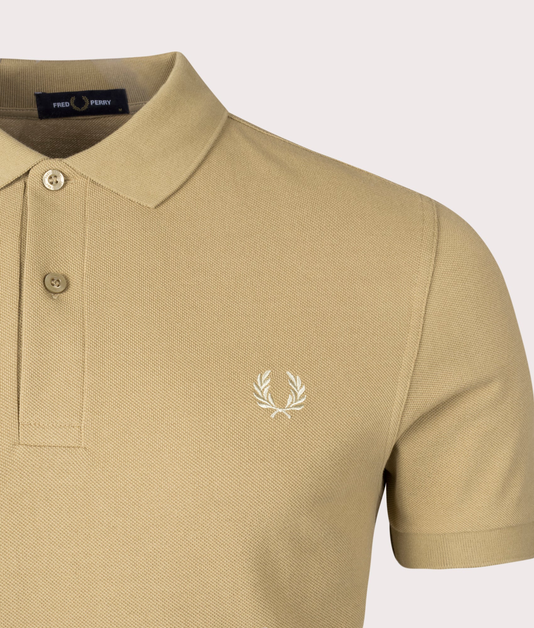 Plain Fred Perry Shirt in Warm Stone by Fred Perry. EQVVS Detail Shot.