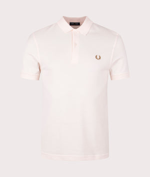 Fred Perry Plain Fred Perry Shirt in Silk Peach with a Dark Caramel Laurel Wreath Embroidery, 100% Cotton. Front shot at EQVVS 