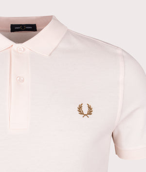 Fred Perry Plain Fred Perry Shirt in Silk Peach with a Dark Caramel Laurel Wreath Embroidery, 100% Cotton. Detail shot at EQVVS 