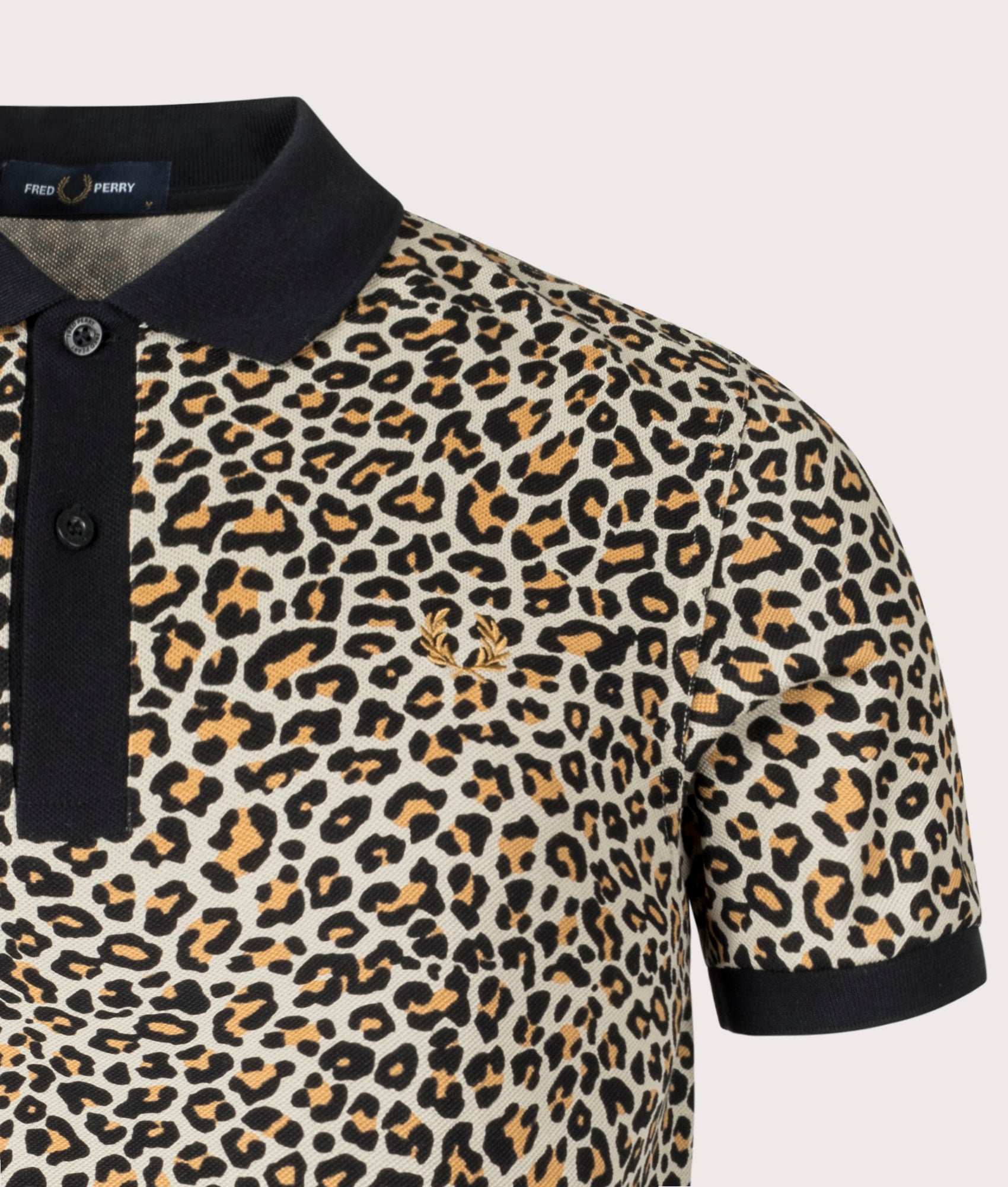 Leopard Print Polo Shirt in Warm Grey by Fred Perry. EQVVS Detail Shot.