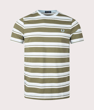 Stripe T-Shirt in Uniform Green by Fred Perry. EQVVS Front Angle Shot.