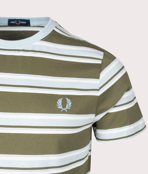 Stripe T-Shirt in Uniform Green by Fred Perry. EQVVS Detail Shot.