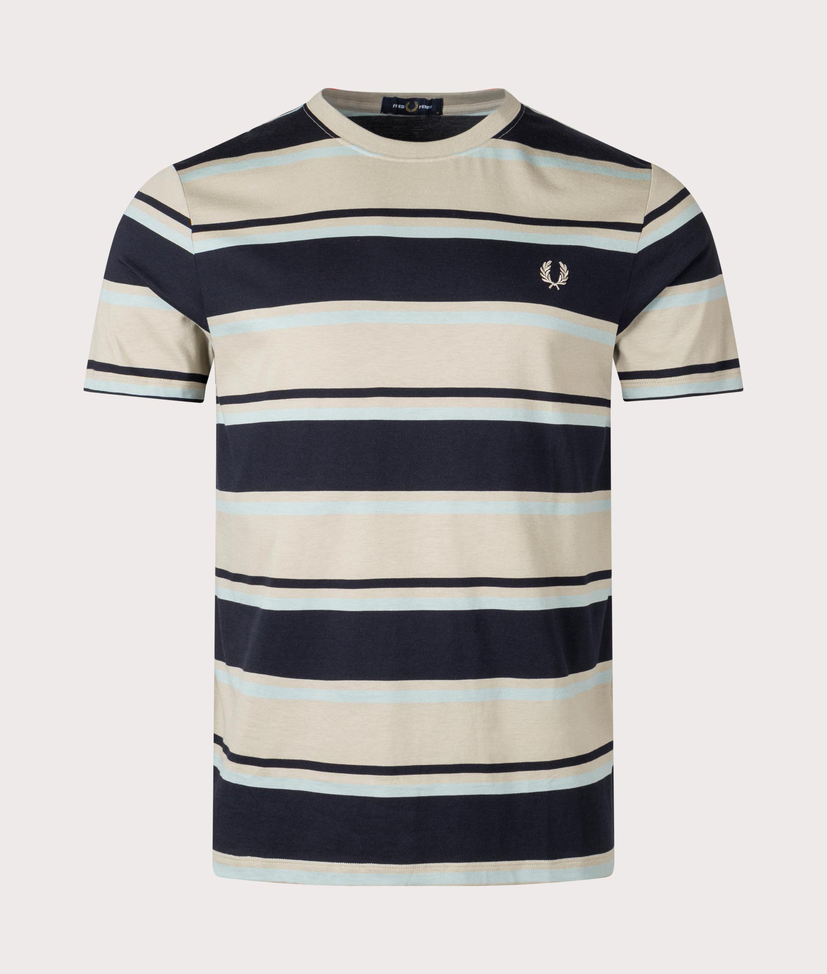 Bold Stripe T-Shirt in Navy Silver and Warm Grey by Fred Perry. EQVVS Front Angle Shot.