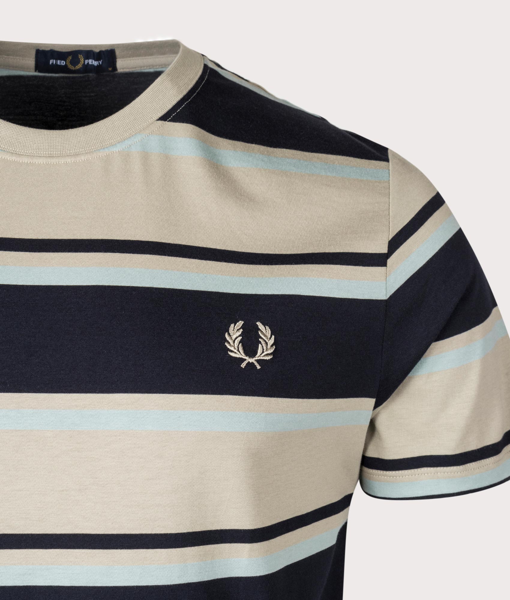 Bold Stripe T-Shirt in Navy Silver and Warm Grey by Fred Perry. EQVVS Detail Shot.