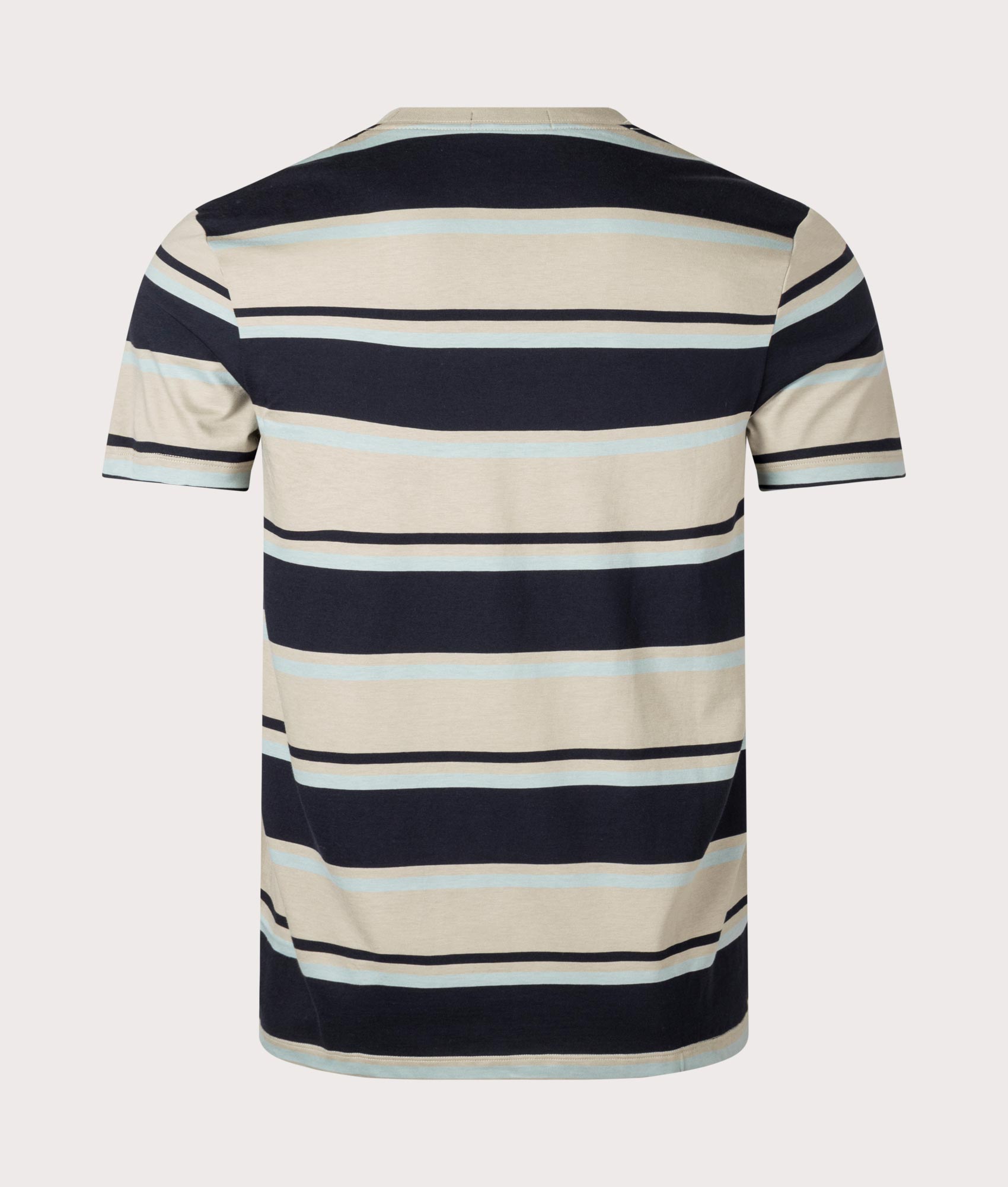Bold Stripe T-Shirt in Navy Silver and Warm Grey by Fred Perry. EQVVS Back Angle Shot.