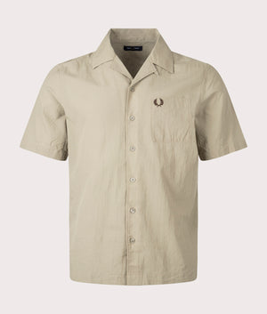 Lightweight Texture Revere Collar Shirt in Warm Grey by Fred Perry. EQVVS Front Angle Shot.