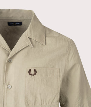 Lightweight Texture Revere Collar Shirt in Warm Grey by Fred Perry. EQVVS Detail Shot.
