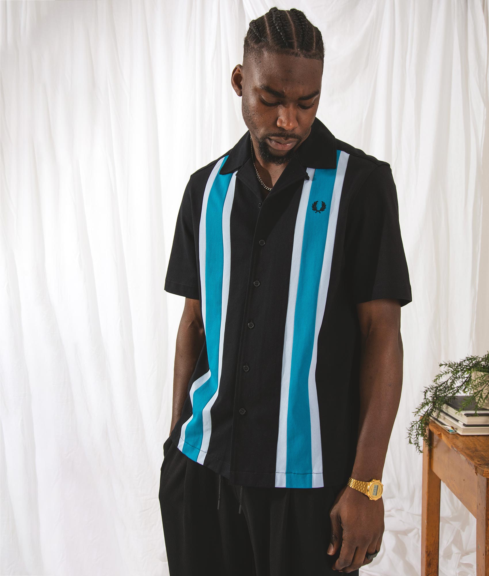Woven Mesh Panel Revere Shirt in Black by Fred Perry. EQVVS Campaign Shot.
