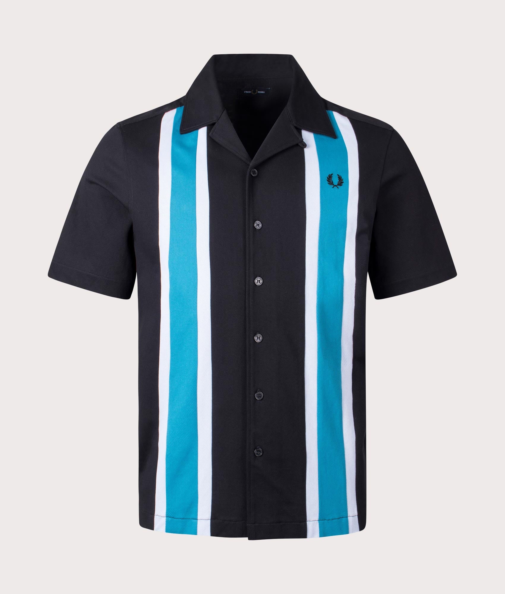 Woven Mesh Panel Revere Shirt in Black by Fred Perry. EQVVS Front Angle Shot.