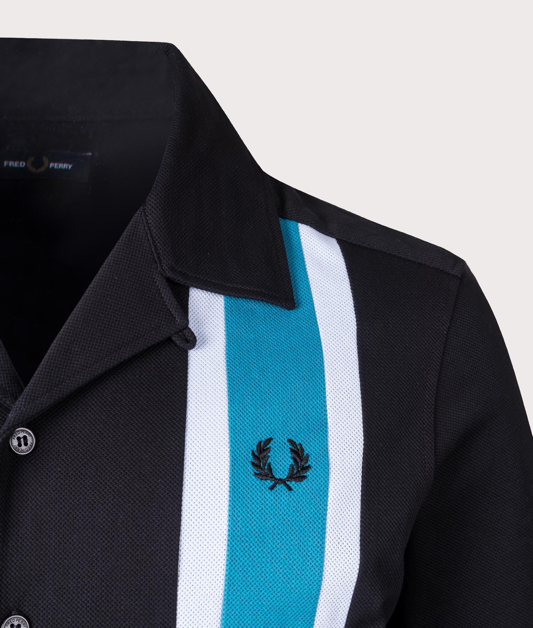 Woven Mesh Panel Revere Shirt in Black by Fred Perry. EQVVS Detail Shot