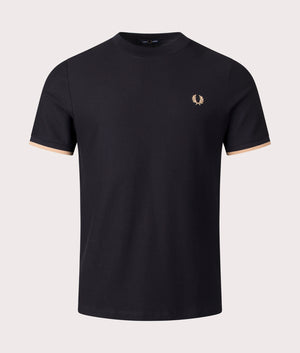 Tipped Cuff Pique T-Shirt in Black by Fred Perry. EQVVS Front Angle Shot.