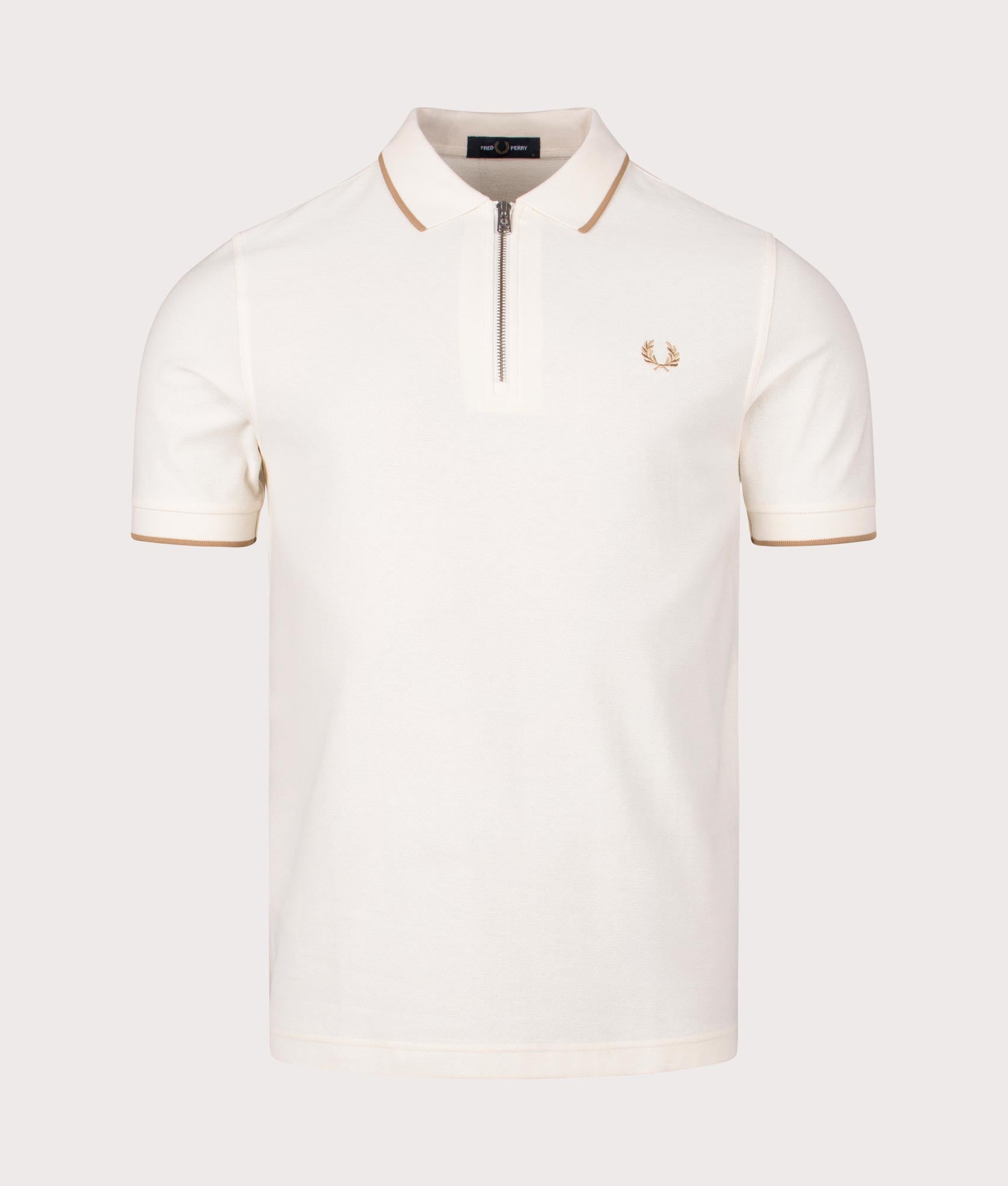 Crepe Pique Zip Neck Polo Shirt in Ecru by Fred Perry. EQVVS Front Angle Shot.