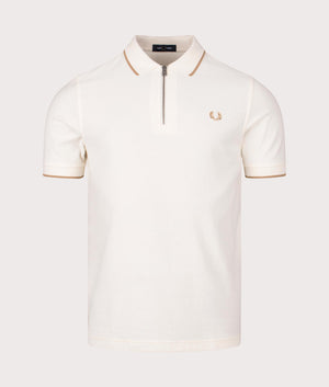 Crepe Pique Zip Neck Polo Shirt in Ecru by Fred Perry. EQVVS Front Angle Shot.