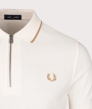 Crepe Pique Zip Neck Polo Shirt in Ecru by Fred Perry. EQVVS Detail Shot.