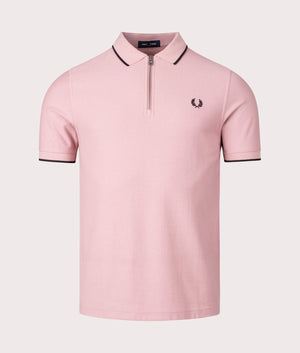 Crepe Pique Zip Neck Polo Shirt in Dusty Rose Pink by Fred Perry. EQVVS Front Angle Shot.