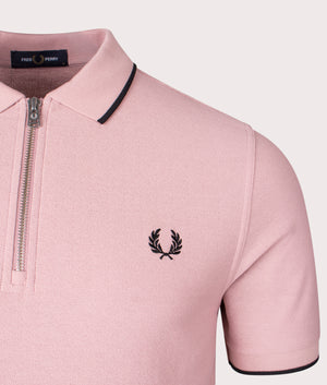 Crepe Pique Zip Neck Polo Shirt in Dusty Rose Pink by Fred Perry. EQVVS Detail Shot.