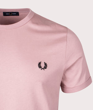 Ringer T-Shirt in Dusty Rose Pink by Fred Perry. EQVVS Detail Shot.