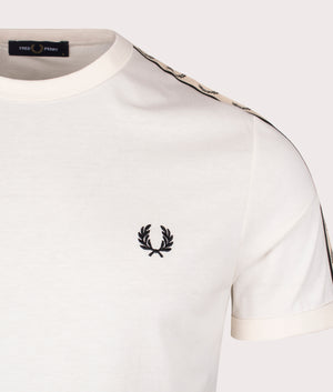 Fred Perry Contrast Tape Ringer T-Shirt in ecru and black, 100% Cotton. Detail shot at EQVVS.