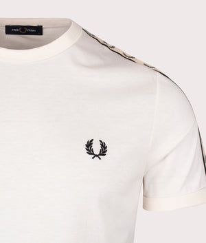Fred Perry Contrast Tape Ringer T-Shirt in ecru and black, 100% Cotton. Detail shot at EQVVS.