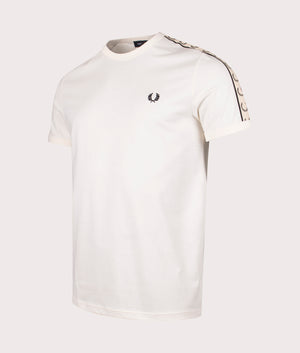 Fred Perry Contrast Tape Ringer T-Shirt in ecru and black, 100% Cotton. Angle shot at EQVVS.