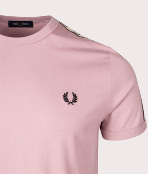 Contrast Tape Ringer T-Shirt in Dusty Rose Pink by Fred Perry. EQVVS Detail Shot.