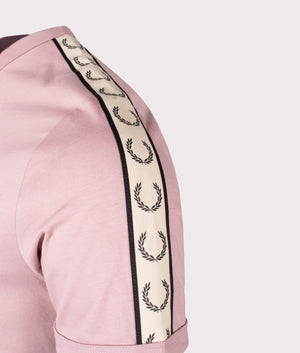 Contrast Tape Ringer T-Shirt in Dusty Rose Pink by Fred Perry. EQVVS Detail Shot.
