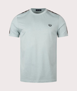 Fred Perry Contrast Tape Ringer T-Shirt in SIlver Blue and Warm Grey, 100% Cotton Front Shot at EQVVS