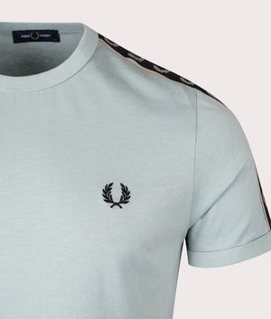 Fred Perry Contrast Tape Ringer T-Shirt in SIlver Blue and Warm Grey, 100% Cotton Detail Shot at EQVVS